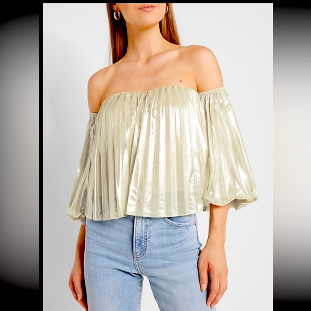 Metallic Pleated Off The Shoulder Balloon Sleeve Top NWT